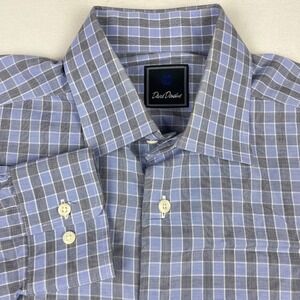 David Donahue Mens 15.5 32/33 Blue Grey Plaid Cotton Dress Shirt Spread Collar
